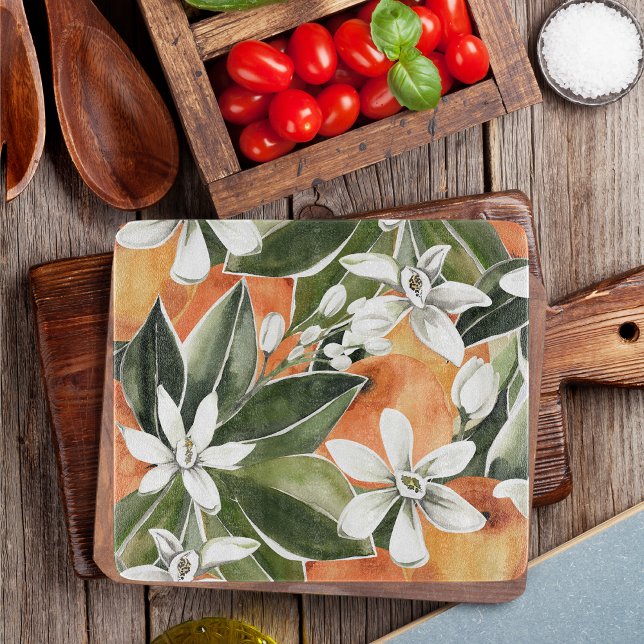 Tropical Orange & Flowers Watercolor Pattern Cutting Board (Creator Uploaded)