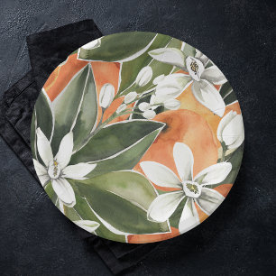 Tropical Orange & Flowers Watercolor Pattern Paper Plate
