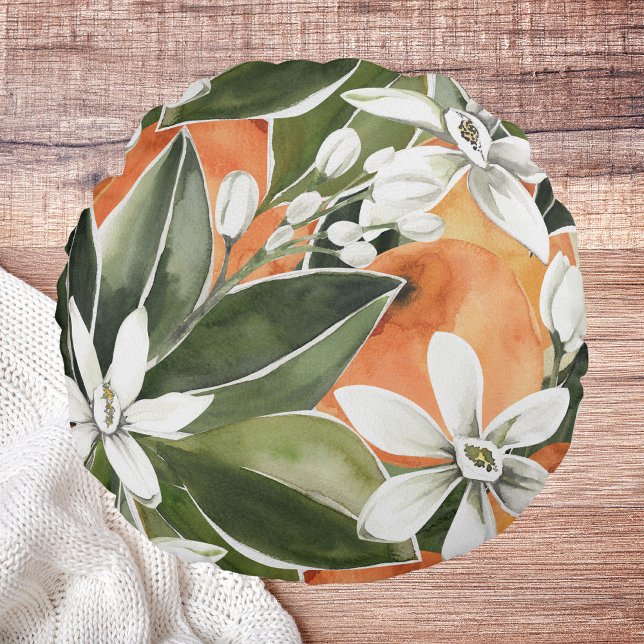 Tropical Orange & Flowers Watercolor Pattern Round Cushion (Creator Uploaded)