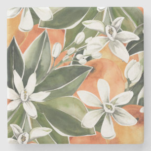Tropical Orange & Flowers Watercolor Pattern Stone Coaster