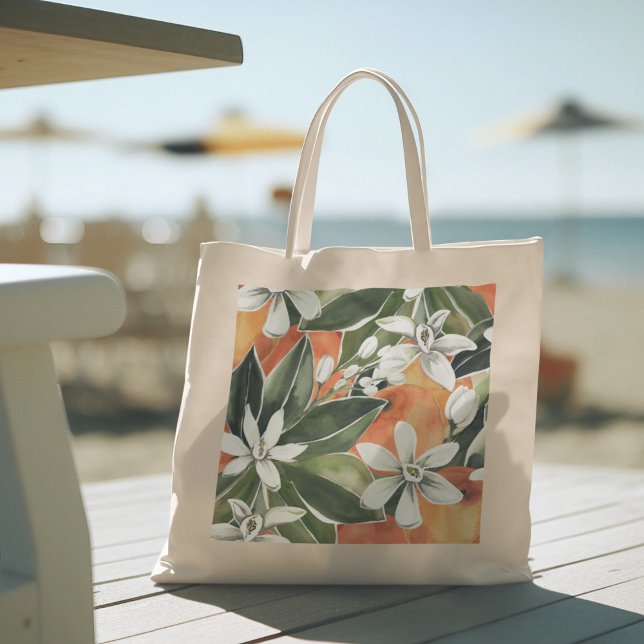 Tropical Orange & Flowers Watercolor Pattern Tote Bag (Creator Uploaded)