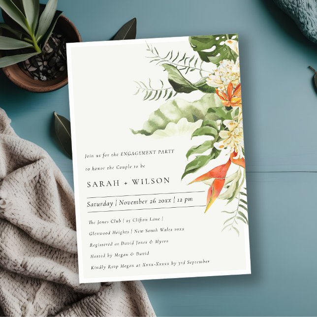 Tropical Orange Green Leafy Botanical Engagement  Invitation (Creator Uploaded)