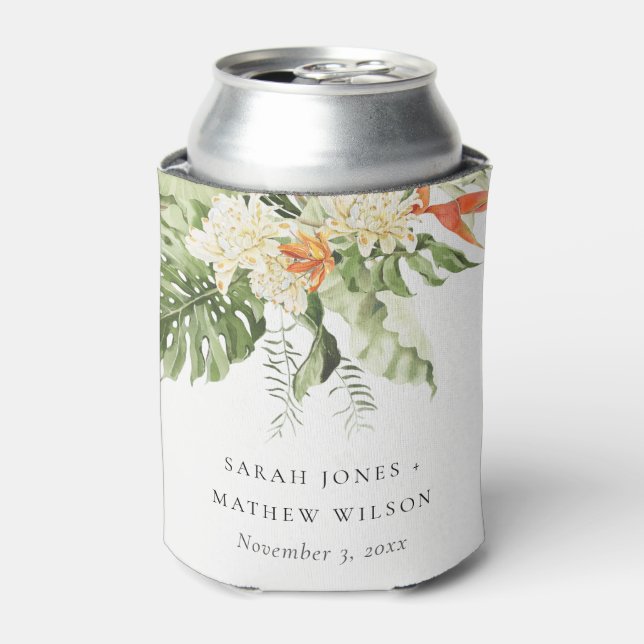 Tropical Orange Green Leafy Botanical Wedding Can Cooler (Can Front)
