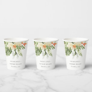 Tropical Orange Green Leafy Botanical Wedding Paper Cups