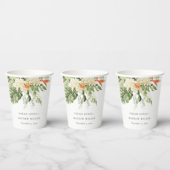 Tropical Orange Green Leafy Botanical Wedding Paper Cups (Multi)