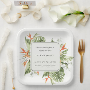 Tropical Orange Green Leafy Botanical Wedding Paper Plate