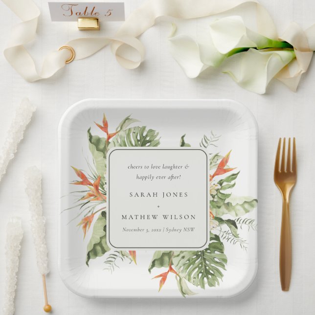 Tropical Orange Green Leafy Botanical Wedding Paper Plate (Wedding)