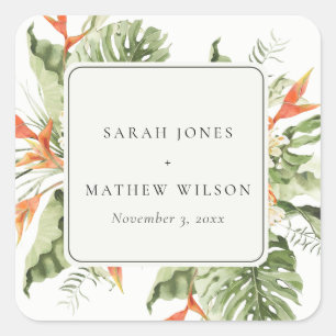 Tropical Orange Green Leafy Botanical Wedding Square Sticker