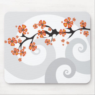 Tropical Orange Hibiscus Flower Fusion Grey Swirls Mouse Mat