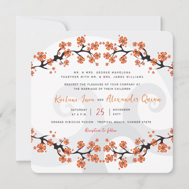 Tropical Orange Hibiscus Fusion Grey Swirl Wedding Invitation (Front)