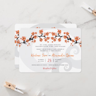 Tropical Orange Hibiscus Fusion Grey Swirl Wedding Invitation