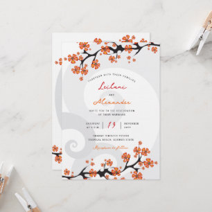 Tropical Orange Hibiscus Fusion Grey Swirl Wedding Invitation
