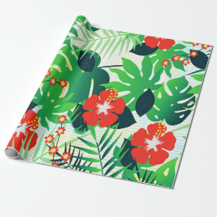 Tropical Orange Hibiscus Green Monstera Leaves Wrapping Paper