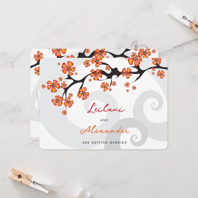 Tropical Orange Hibiscus Grey Swirls Save The Date Invitation (Front/Back In Situ)