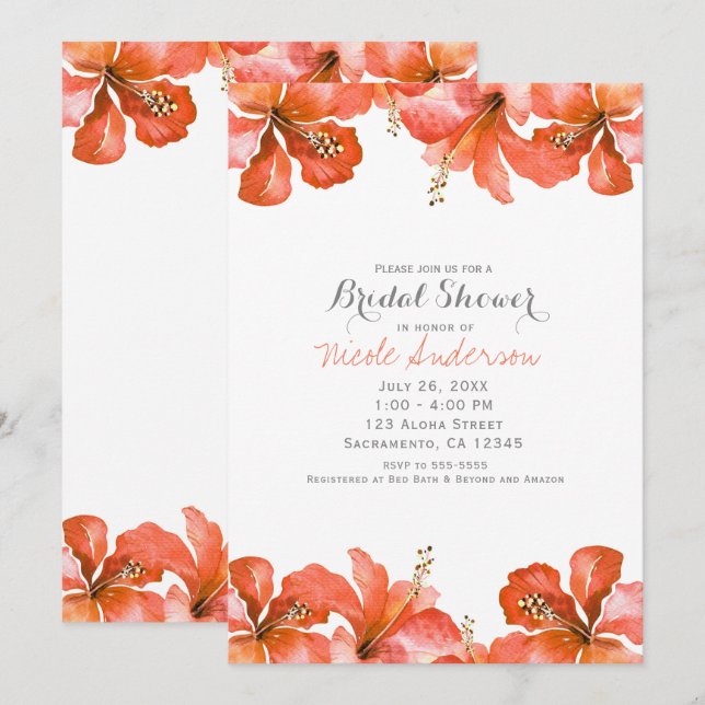 Tropical Orange Hibiscus Hawaiian Party Invitation (Front/Back)