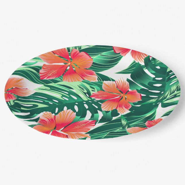 Tropical orange hibiscus paper plate (Angled)