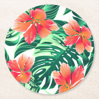 Tropical orange hibiscus round paper coaster