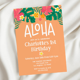 Tropical Orange Luau Aloha Birthday Invitation
