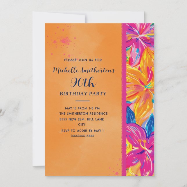 Tropical Orange Pink Floral 90th Birthday Invitation (Front)