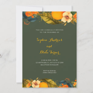 Tropical Oranges and Flowers Green Wedding  Invitation