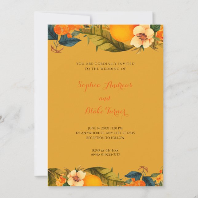 Tropical Oranges and Flowers Orange Wedding  Invitation (Front)