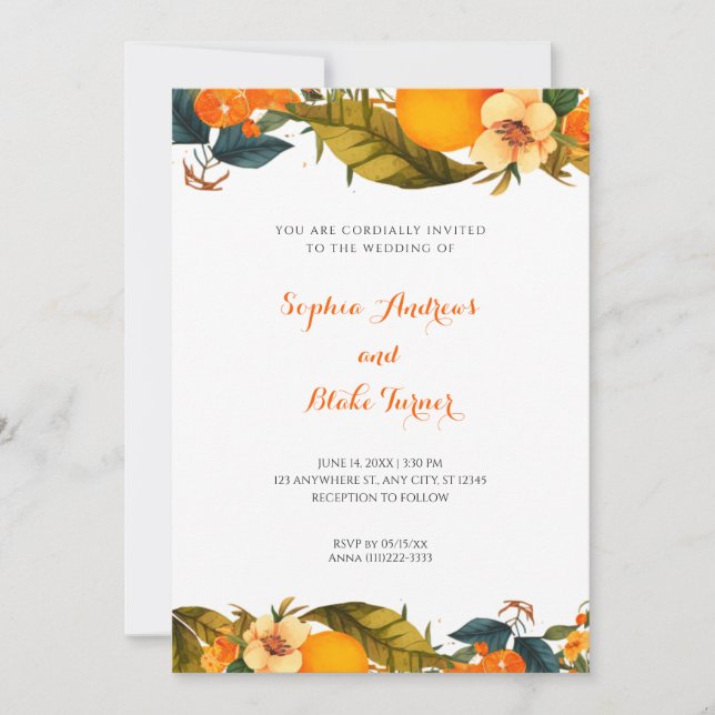 Tropical Oranges and Flowers White Wedding  Invitation (Front)