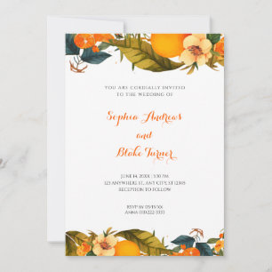 Tropical Oranges and Flowers White Wedding Invitation