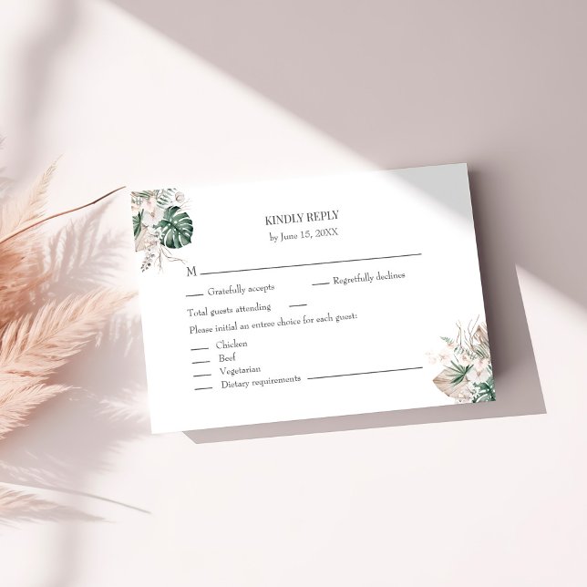 Tropical Orchid and Monstera RSVP Card (Tropical Orchid and Monstera RSVP Card on a sunny white table.
)