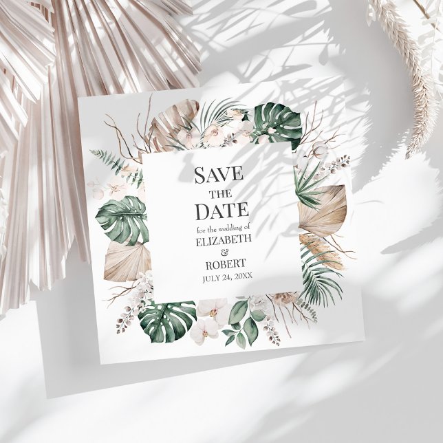Tropical Orchid and Monstera Save the Date Card (Tropical Orchid and Monstera Save the Date Card on a sunny white table.)