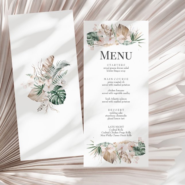 Tropical Orchid and Monstera Wedding Menu Card (Tropical Orchid and Monstera Wedding Menu Card on a sunny white dry palm leaf.)
