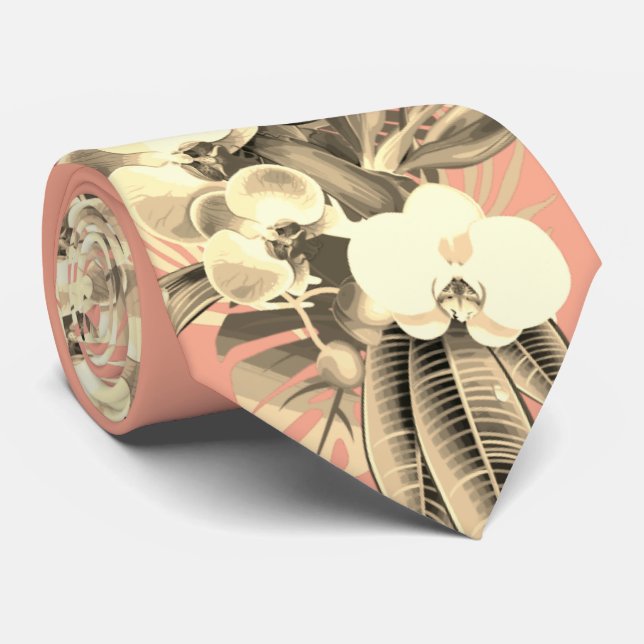 Tropical orchid and palm leaf peach Hawaiian flora Tie (Rolled)
