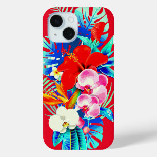 Tropical orchid and palm leaves Hawaiian floral iPhone 15 Case