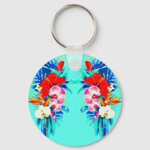 Tropical orchid and palm leaves Hawaiian floral Key Ring