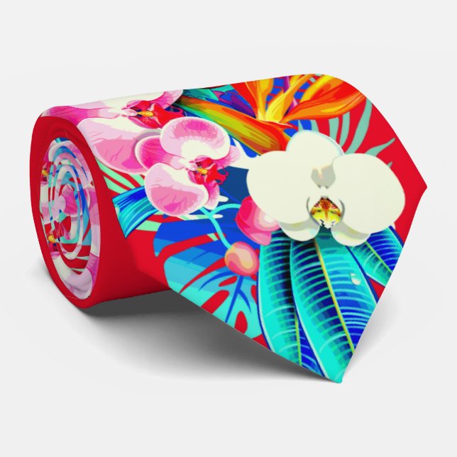 Tropical orchid and palm leaves Hawaiian floral Tie (Rolled)