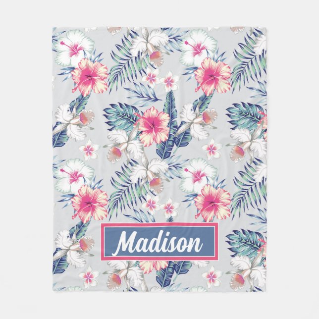 Tropical Orchid Floral Pattern Fleece Blanket (Front)
