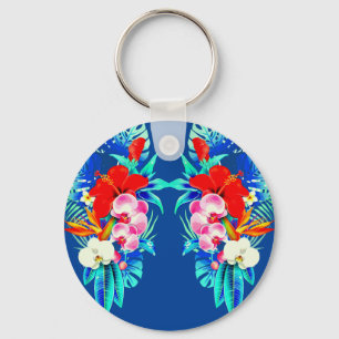 Tropical orchid flower and palm leaf Hawaiian Key Ring
