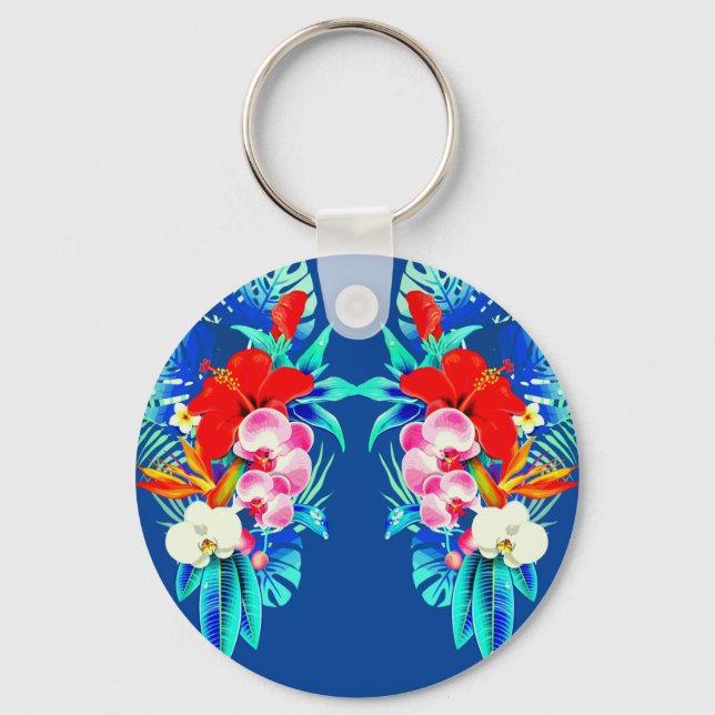 Tropical orchid flower and palm leaf Hawaiian  Key Ring (Front)