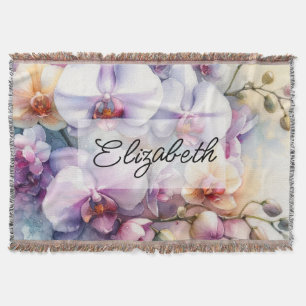 Tropical orchid flowers floral watercolor and name throw blanket