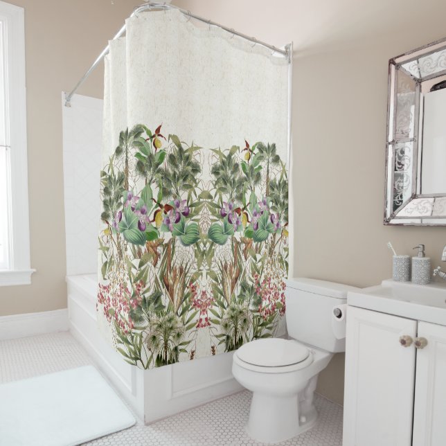 Tropical Orchid Flowers Palm Trees Shower Curtain (In Situ)