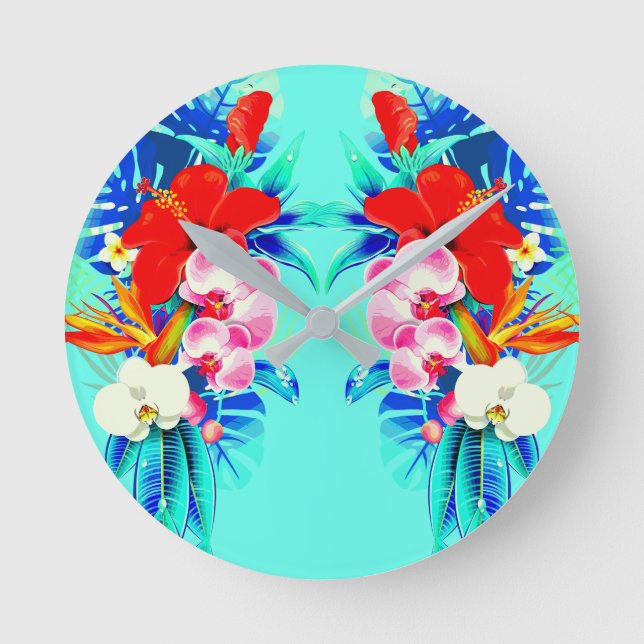 Tropical orchid monster palm Hawaiian floral  Round Clock (Front)
