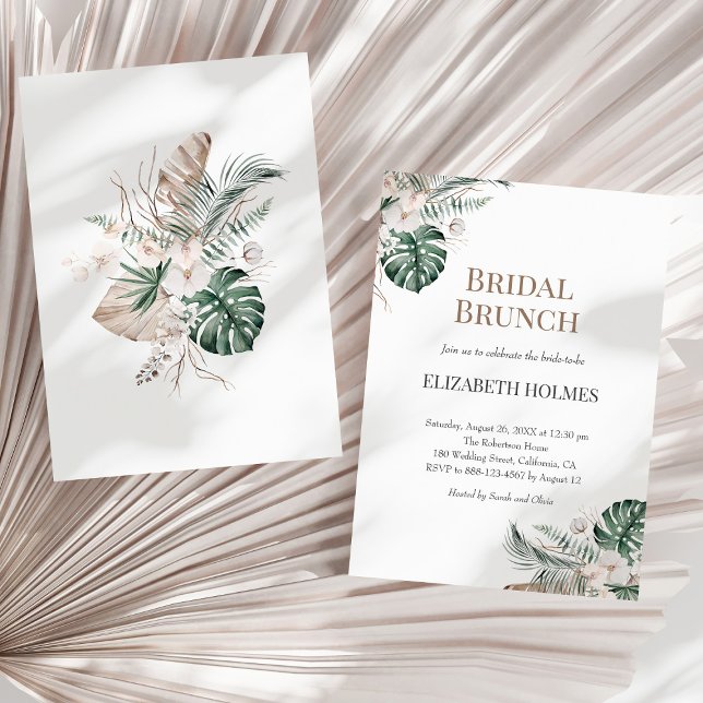 Tropical Orchid Monstera Bridal Brunch Invitation (Tropical Orchid Monstera Bridal Brunch Invitation on a sunny neutral dry palm leaf.)