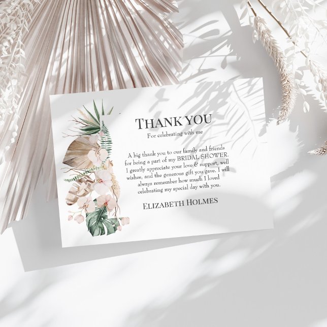 Tropical Orchid & Monstera Bridal Shower Thank You Card (Tropical Orchid & Monstera Bridal Shower Thank You Card on a sunny white table with dry botanicals.)