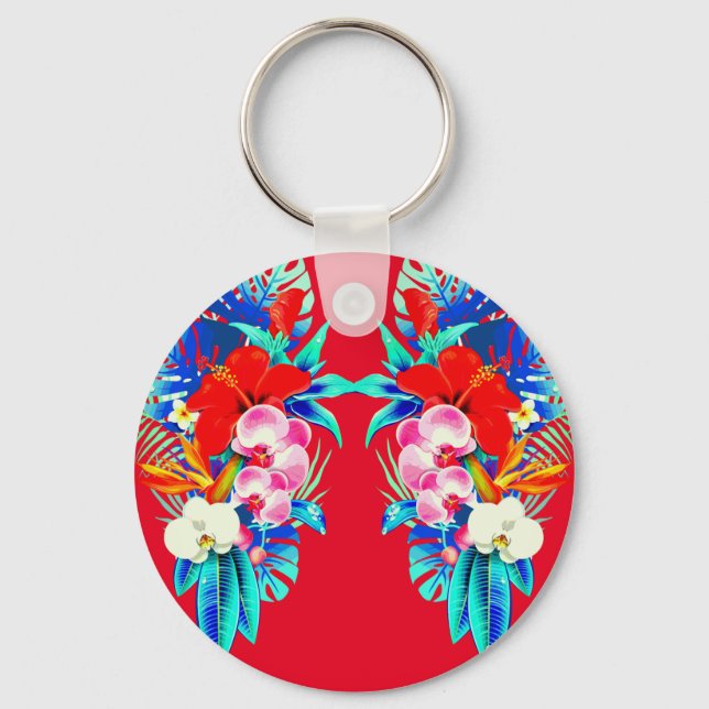 Tropical orchid monstera Hawaiian floral blue red Key Ring (Front)