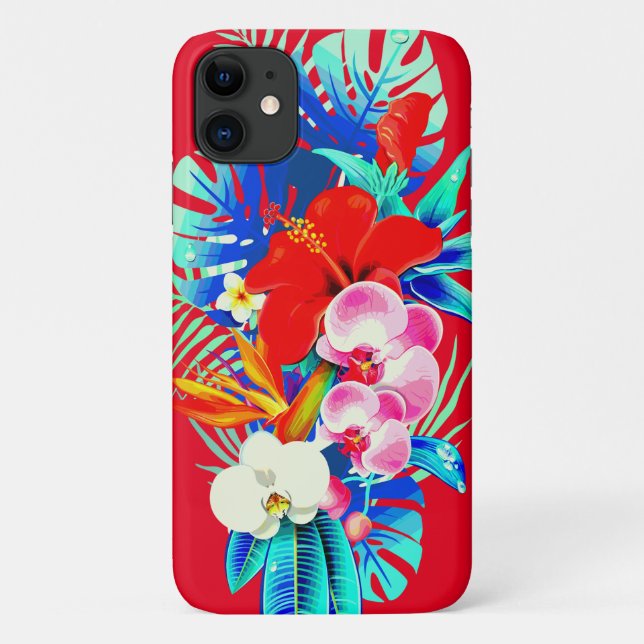 Tropical orchid monstera Hawaiian floral red blue Case-Mate iPhone Case (Back)