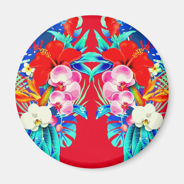 Tropical orchid monstera Hawaiian floral red blue  Magnet (Front)
