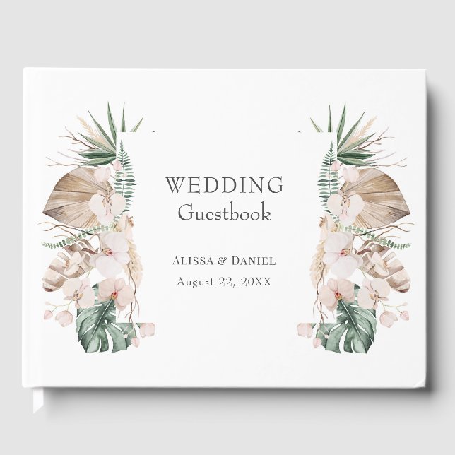 Tropical Orchid Monstera Wedding Guest Book (Front)
