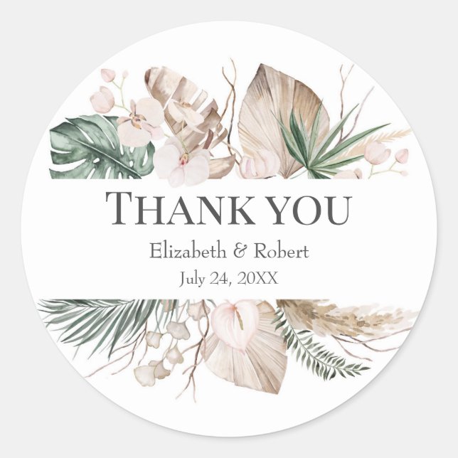Tropical Orchid Monstera Wedding Thank You Sticker (Front)
