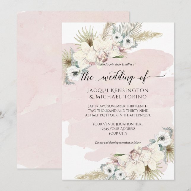 Tropical Orchid Palm Greenery Modern Watercolor Invitation (Front/Back)