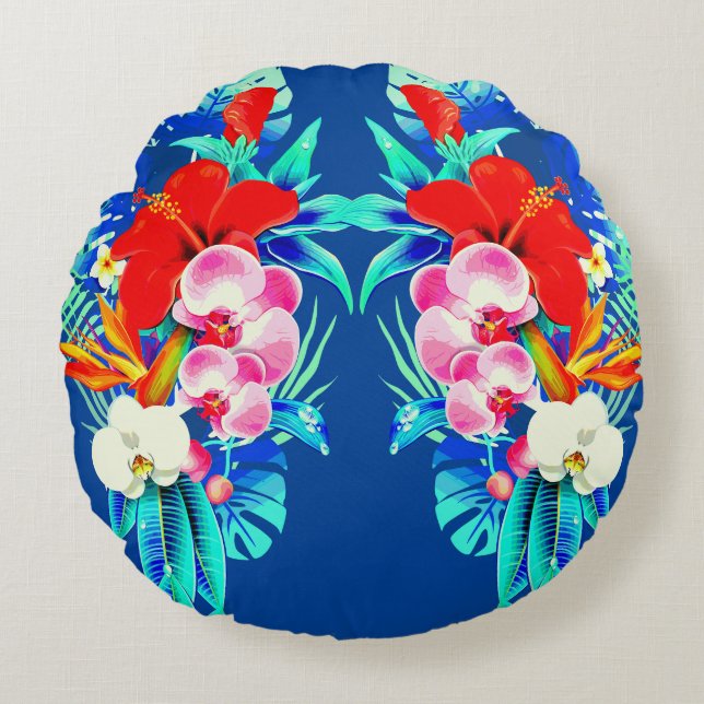 Tropical orchid palm leaves Hawaiian floral blue Round Cushion (Front)