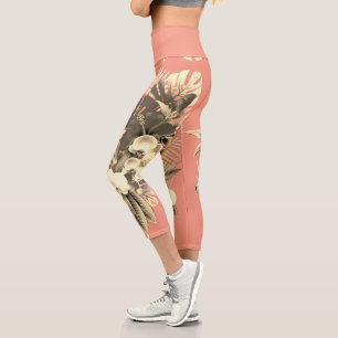 Tropical orchid palm leaves Hawaiian floral peach Capri Leggings
